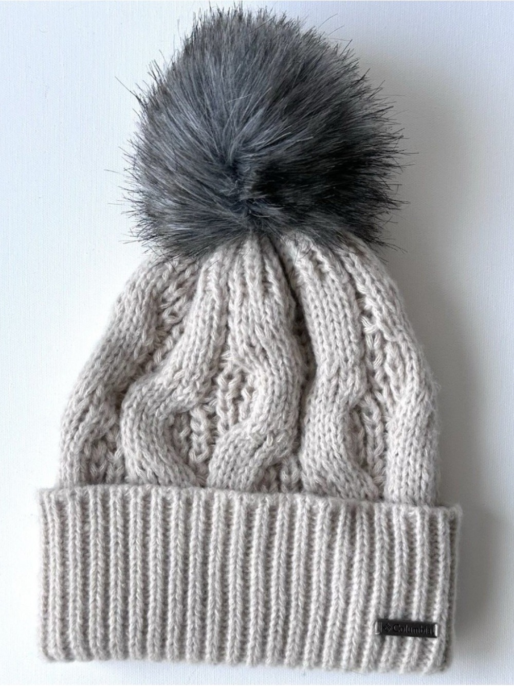Columbia Cream Cable-Knit Beanie with Gray Faux-Fur Pom